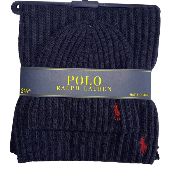 Polo Ralph Lauren Hat & Scarf Navy Wool Blend Classic Pony Rib Knit Beanie NEW - Picture 1 of 4